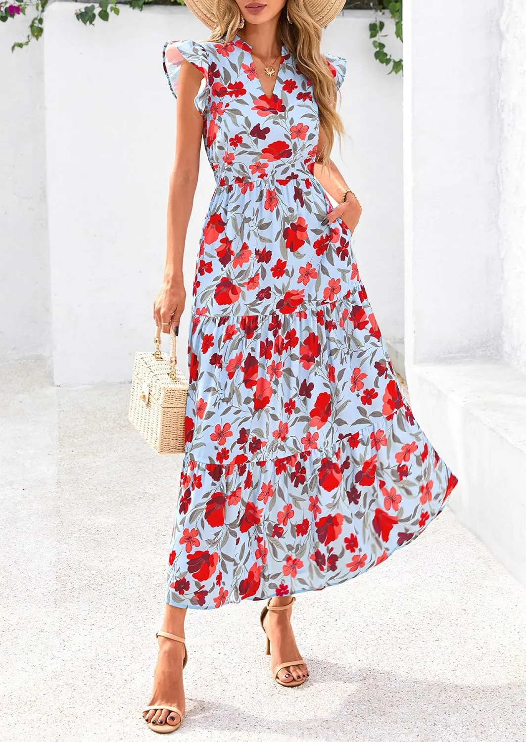 PRETTYGARDEN Women's 2025 Summer Floral Midi Dress Cap Sleeve V Neck Ruffle Long Flowy Boho Casual Beach Vacation Dresses