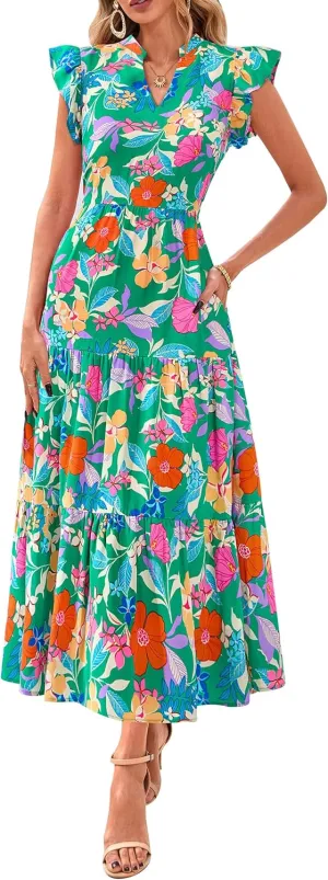PRETTYGARDEN Women's 2025 Summer Floral Midi Dress Cap Sleeve V Neck Ruffle Long Flowy Boho Casual Beach Vacation Dresses