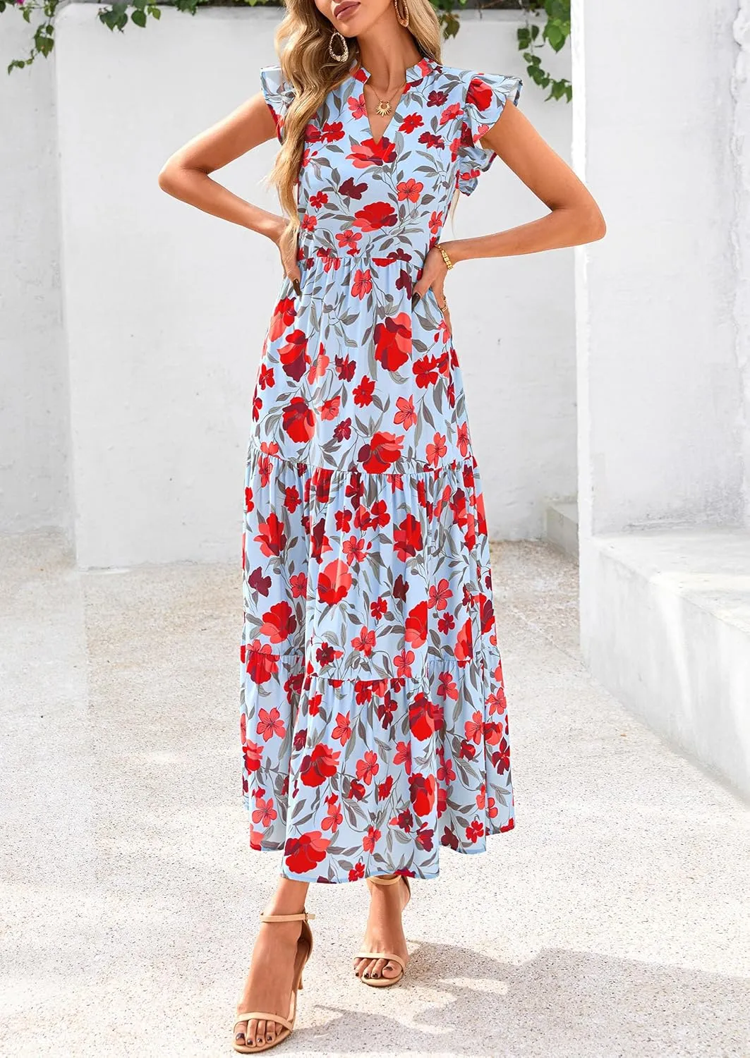 PRETTYGARDEN Women's 2025 Summer Floral Midi Dress Cap Sleeve V Neck Ruffle Long Flowy Boho Casual Beach Vacation Dresses