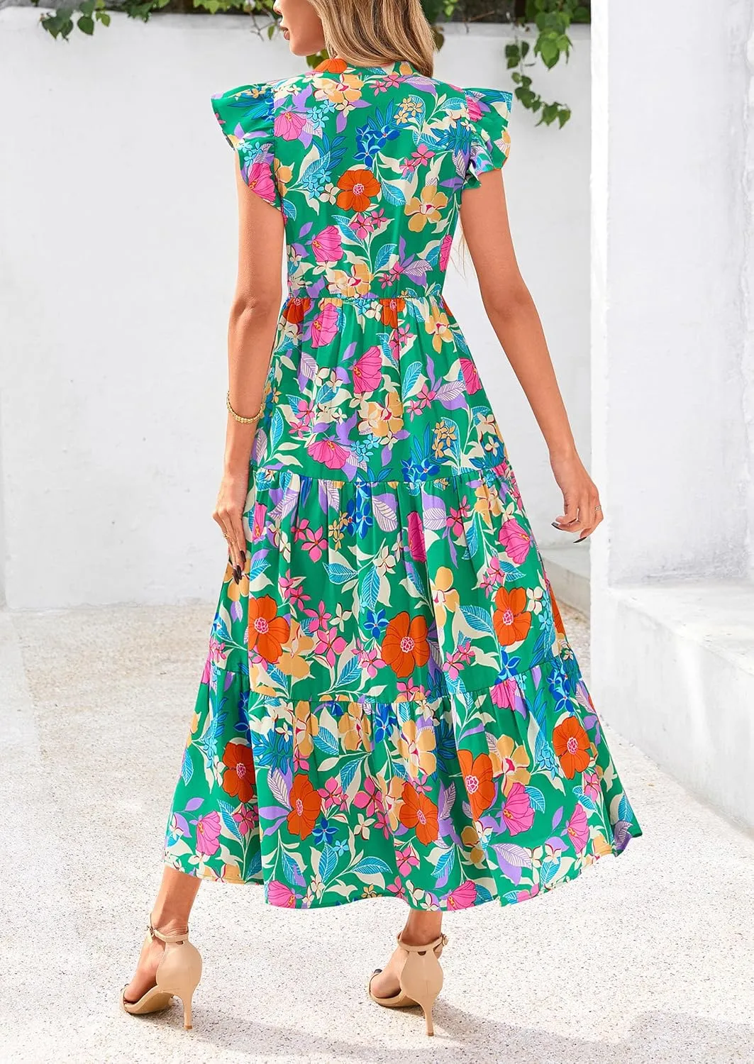 PRETTYGARDEN Women's 2025 Summer Floral Midi Dress Cap Sleeve V Neck Ruffle Long Flowy Boho Casual Beach Vacation Dresses