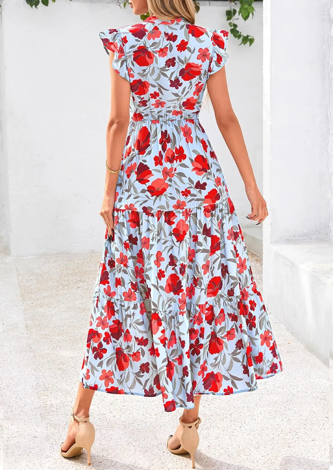 PRETTYGARDEN Women's 2025 Summer Floral Midi Dress Cap Sleeve V Neck Ruffle Long Flowy Boho Casual Beach Vacation Dresses