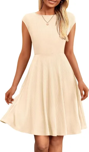 PRETTYGARDEN Womens Short Summer Dress 2025 Crewneck Cap Sleeve Ribbed Knit Casual Flowy A Line Mini Sundresses with Pockets