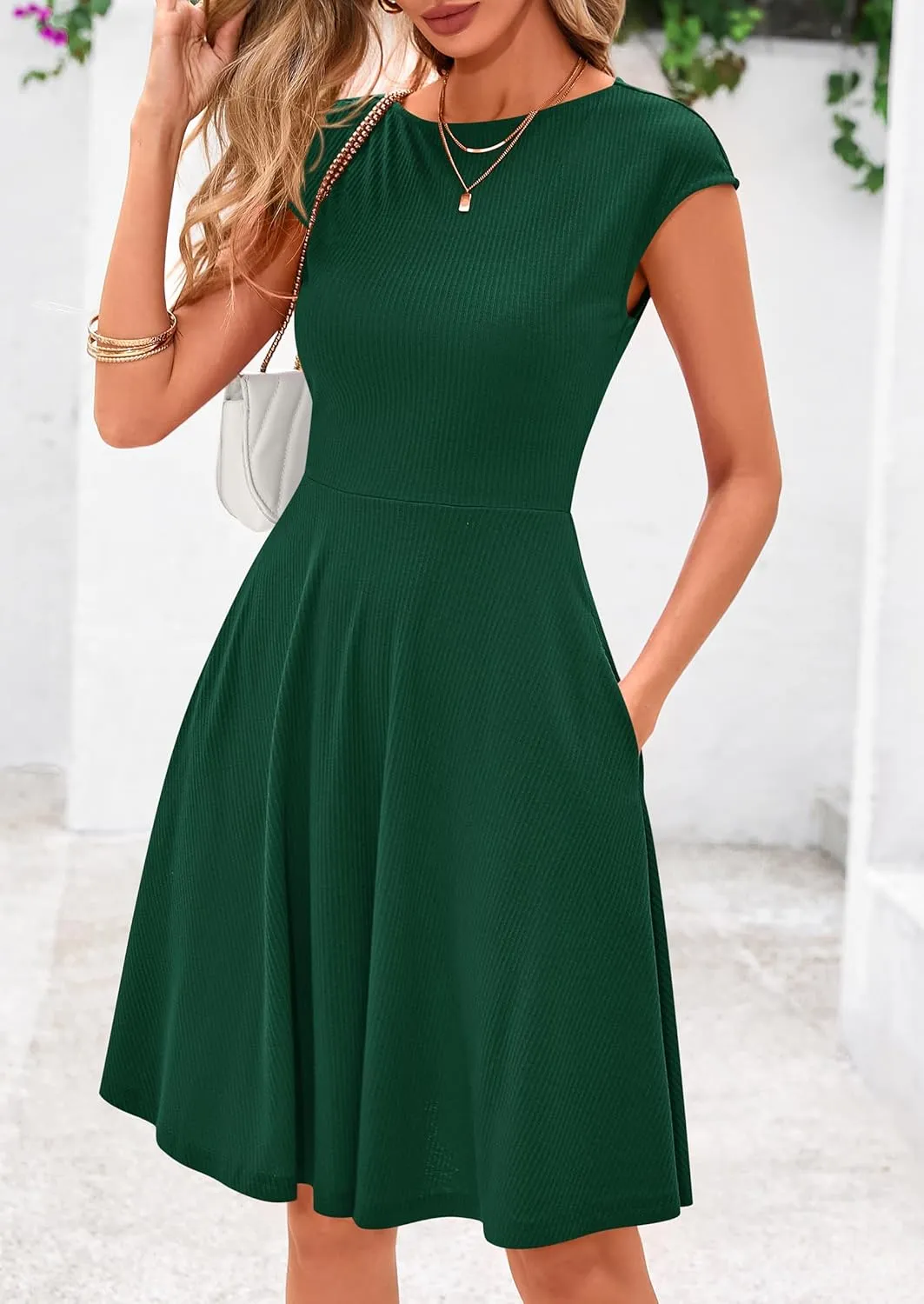 PRETTYGARDEN Womens Short Summer Dress 2025 Crewneck Cap Sleeve Ribbed Knit Casual Flowy A Line Mini Sundresses with Pockets