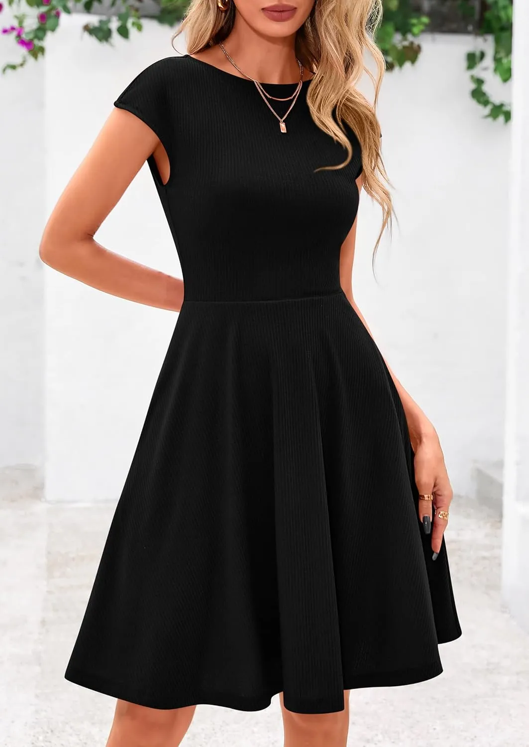 PRETTYGARDEN Womens Short Summer Dress 2025 Crewneck Cap Sleeve Ribbed Knit Casual Flowy A Line Mini Sundresses with Pockets