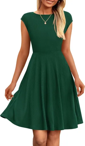 PRETTYGARDEN Womens Short Summer Dress 2025 Crewneck Cap Sleeve Ribbed Knit Casual Flowy A Line Mini Sundresses with Pockets