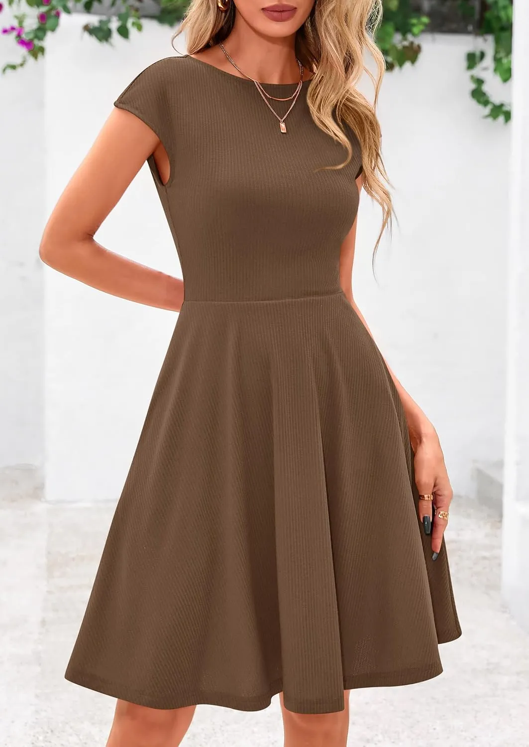 PRETTYGARDEN Womens Short Summer Dress 2025 Crewneck Cap Sleeve Ribbed Knit Casual Flowy A Line Mini Sundresses with Pockets
