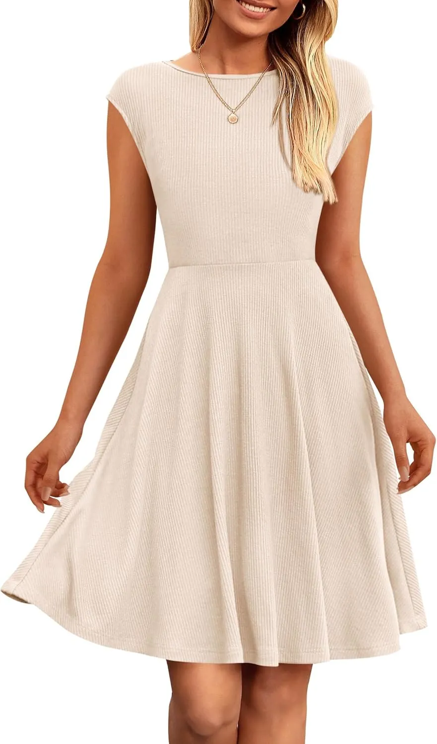 PRETTYGARDEN Womens Short Summer Dress 2025 Crewneck Cap Sleeve Ribbed Knit Casual Flowy A Line Mini Sundresses with Pockets