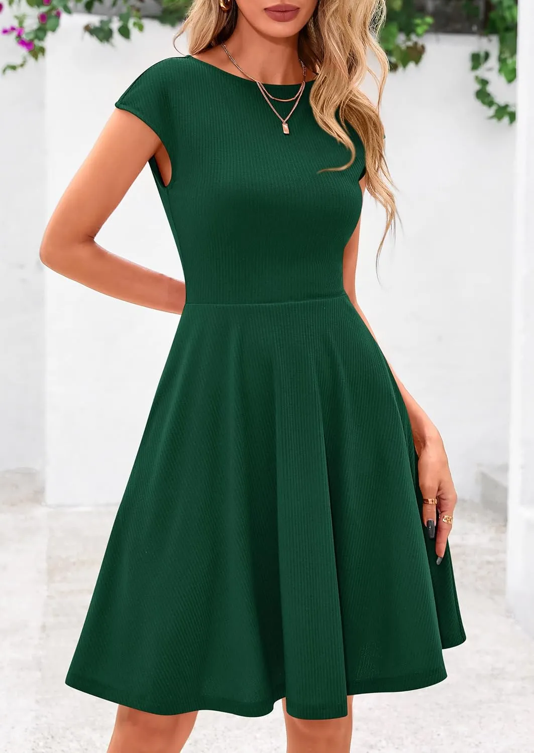 PRETTYGARDEN Womens Short Summer Dress 2025 Crewneck Cap Sleeve Ribbed Knit Casual Flowy A Line Mini Sundresses with Pockets