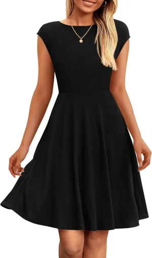 PRETTYGARDEN Womens Short Summer Dress 2025 Crewneck Cap Sleeve Ribbed Knit Casual Flowy A Line Mini Sundresses with Pockets