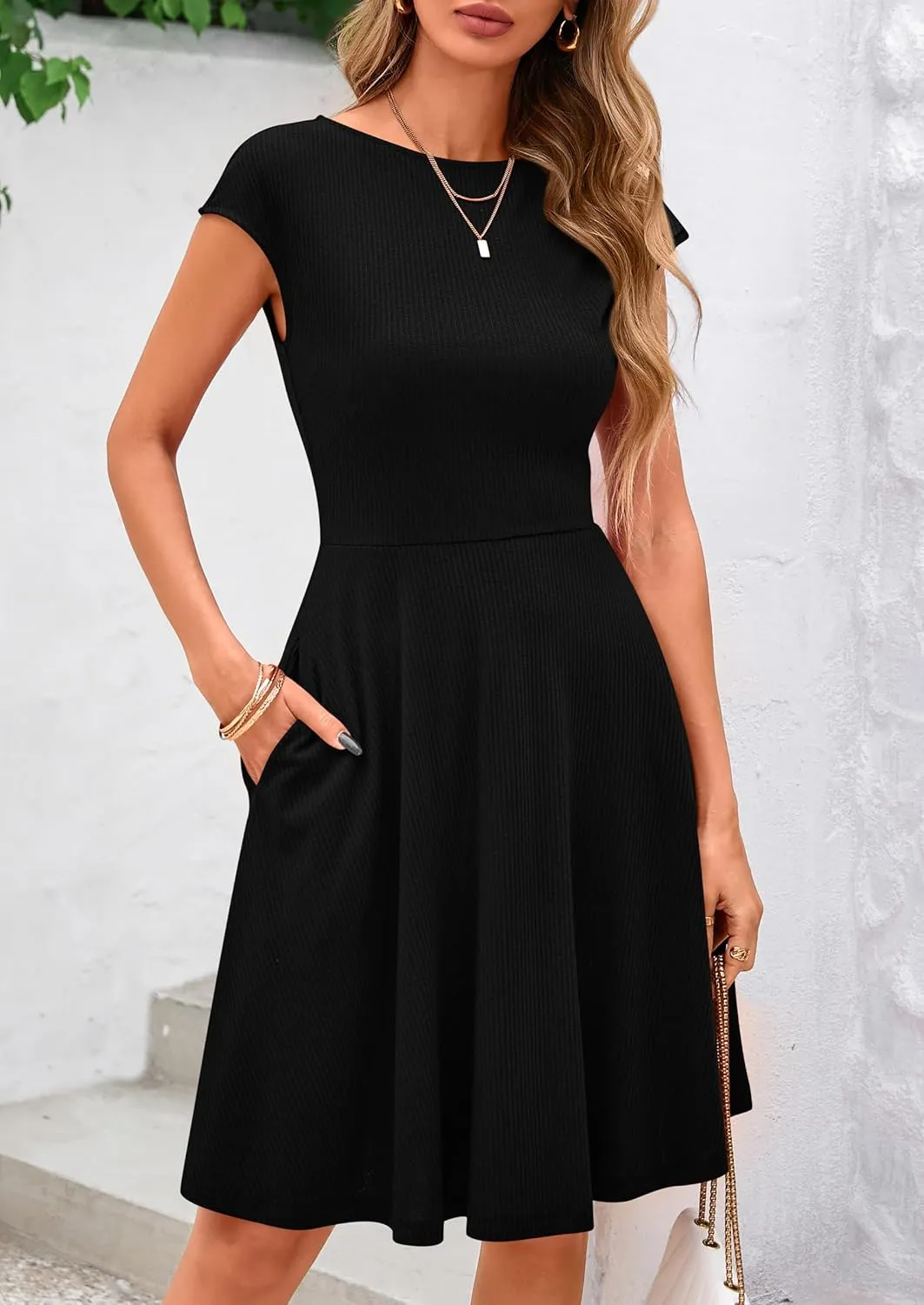 PRETTYGARDEN Womens Short Summer Dress 2025 Crewneck Cap Sleeve Ribbed Knit Casual Flowy A Line Mini Sundresses with Pockets