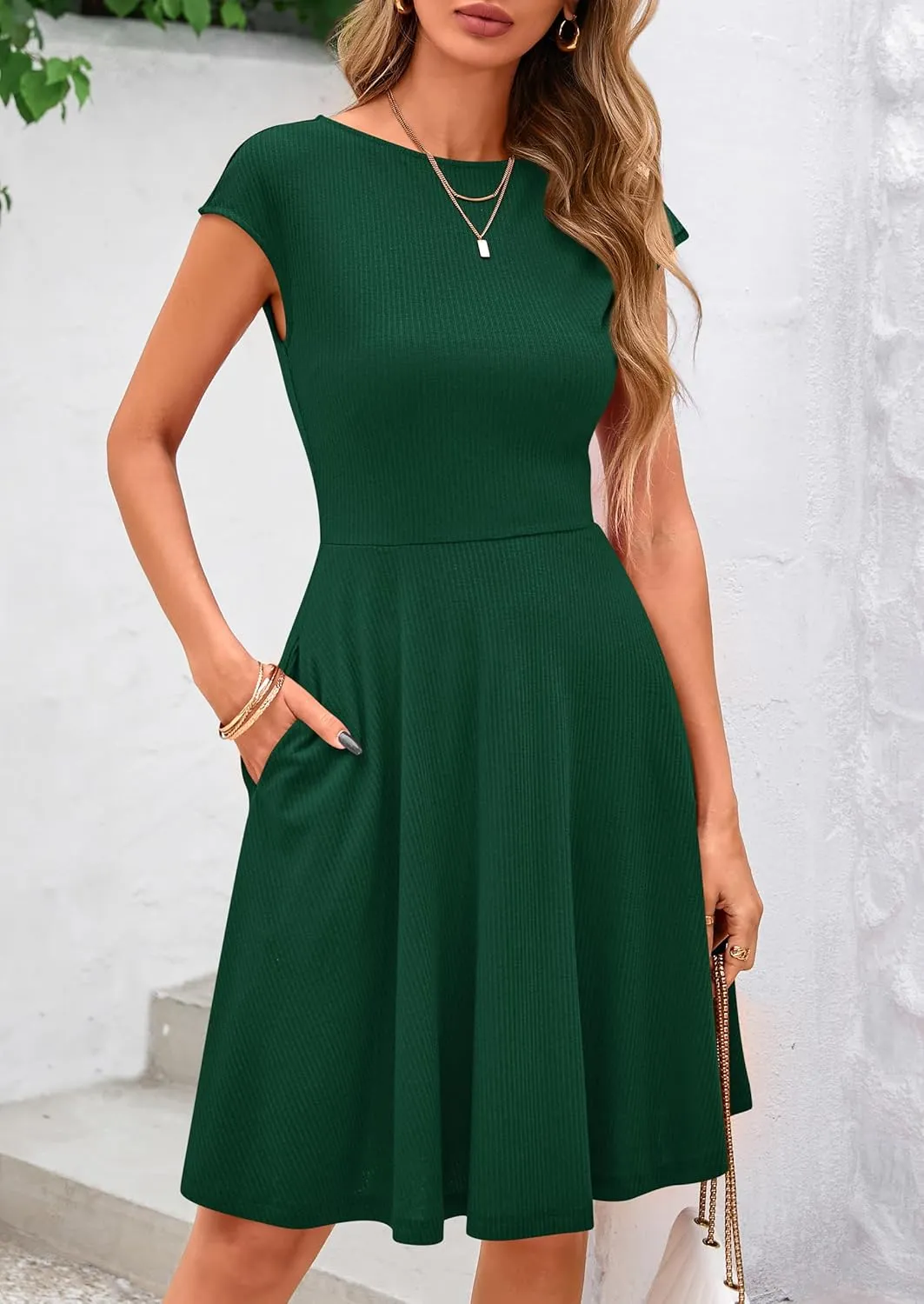PRETTYGARDEN Womens Short Summer Dress 2025 Crewneck Cap Sleeve Ribbed Knit Casual Flowy A Line Mini Sundresses with Pockets
