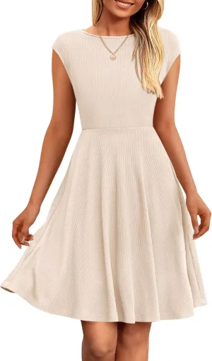 PRETTYGARDEN Womens Short Summer Dress 2025 Crewneck Cap Sleeve Ribbed Knit Casual Flowy A Line Mini Sundresses with Pockets
