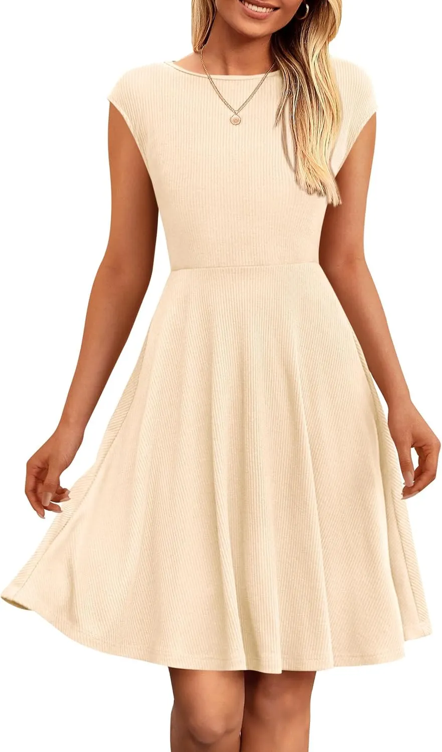 PRETTYGARDEN Womens Short Summer Dress 2025 Crewneck Cap Sleeve Ribbed Knit Casual Flowy A Line Mini Sundresses with Pockets