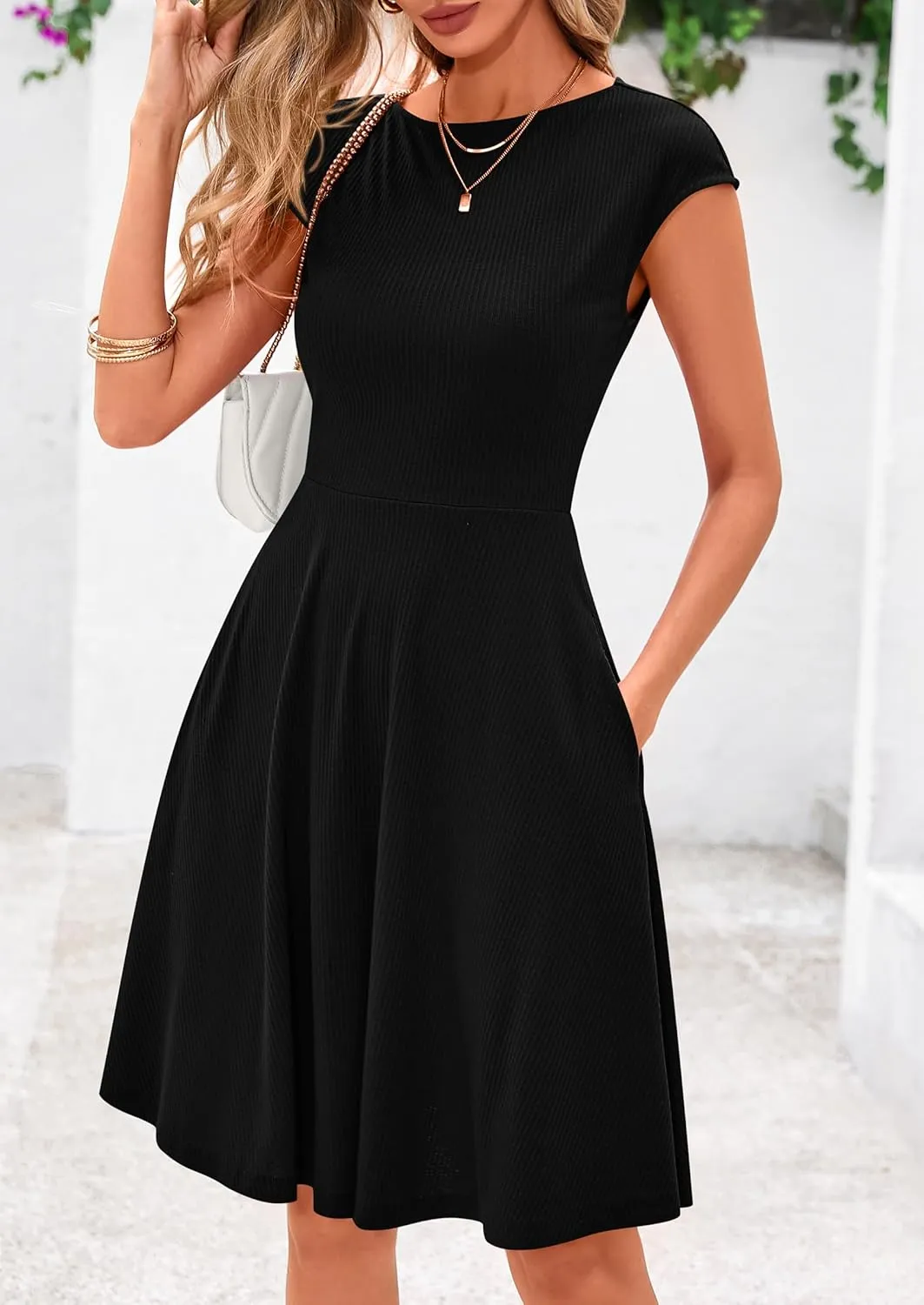 PRETTYGARDEN Womens Short Summer Dress 2025 Crewneck Cap Sleeve Ribbed Knit Casual Flowy A Line Mini Sundresses with Pockets