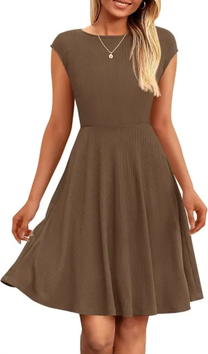 PRETTYGARDEN Womens Short Summer Dress 2025 Crewneck Cap Sleeve Ribbed Knit Casual Flowy A Line Mini Sundresses with Pockets