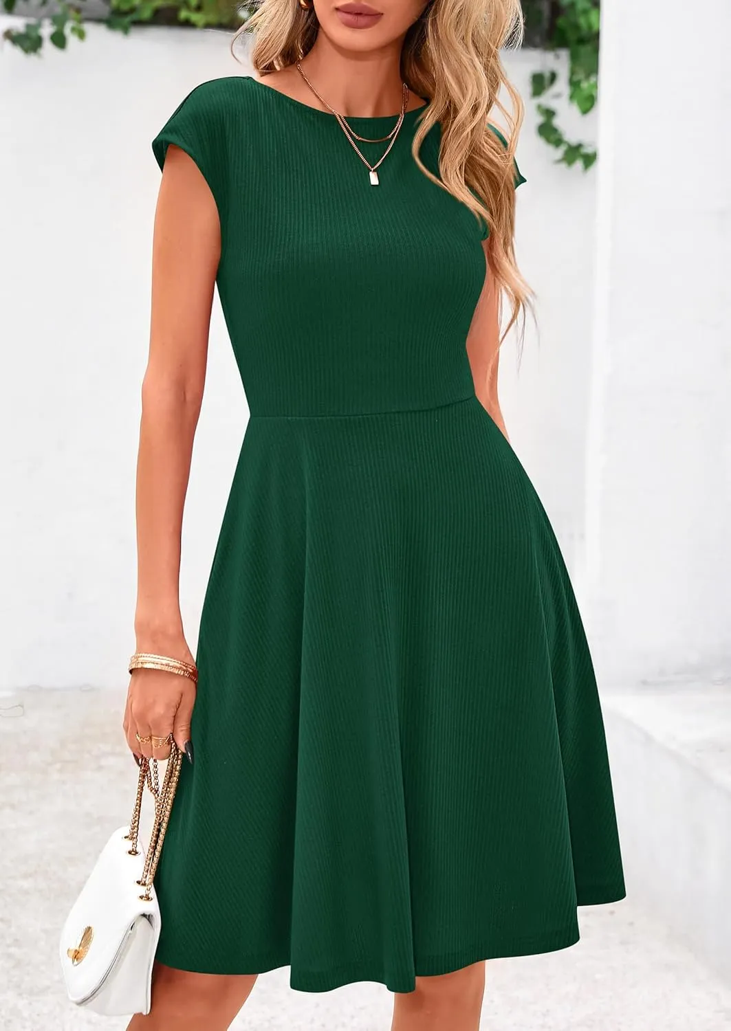 PRETTYGARDEN Womens Short Summer Dress 2025 Crewneck Cap Sleeve Ribbed Knit Casual Flowy A Line Mini Sundresses with Pockets