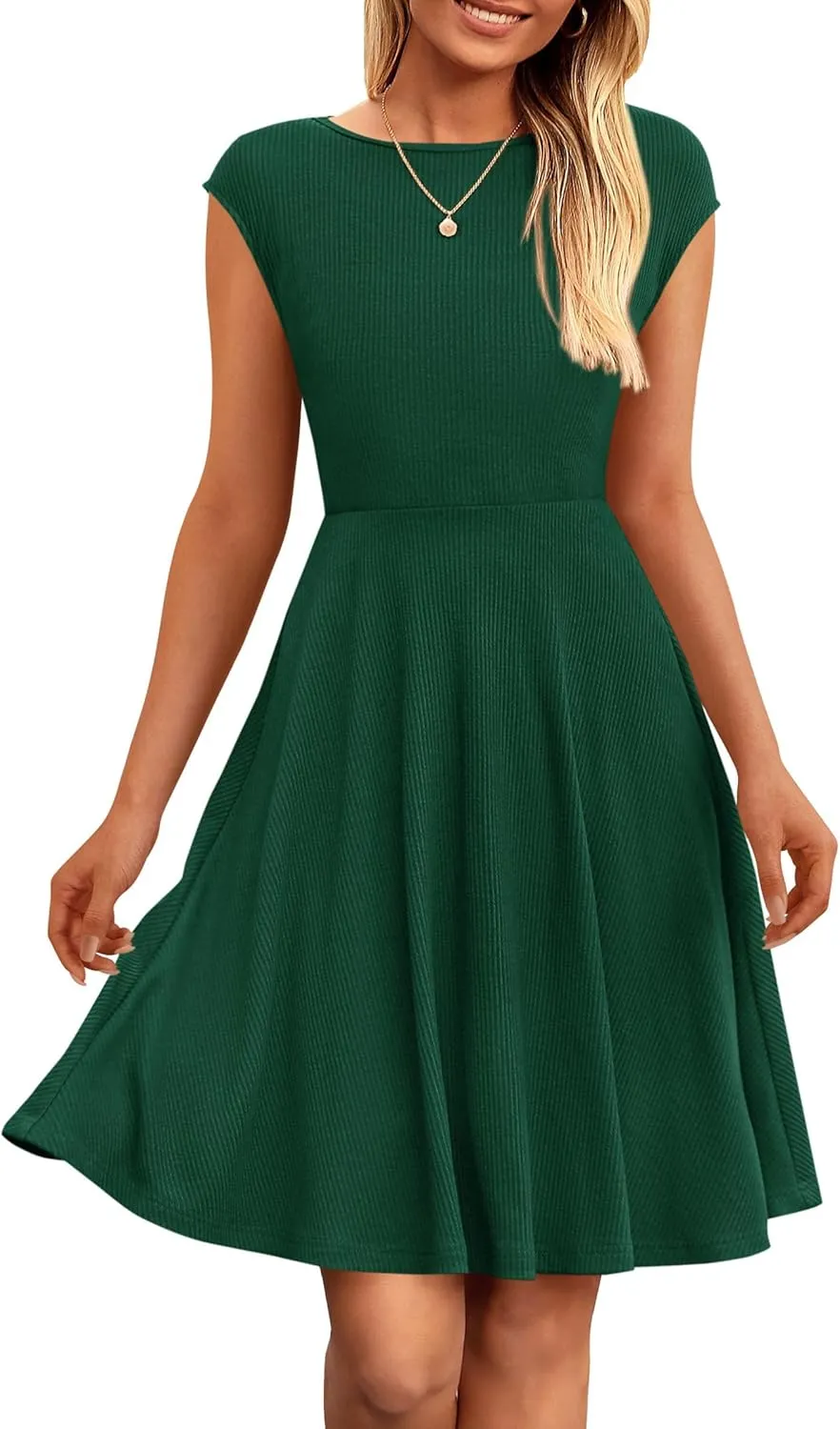 PRETTYGARDEN Womens Short Summer Dress 2025 Crewneck Cap Sleeve Ribbed Knit Casual Flowy A Line Mini Sundresses with Pockets