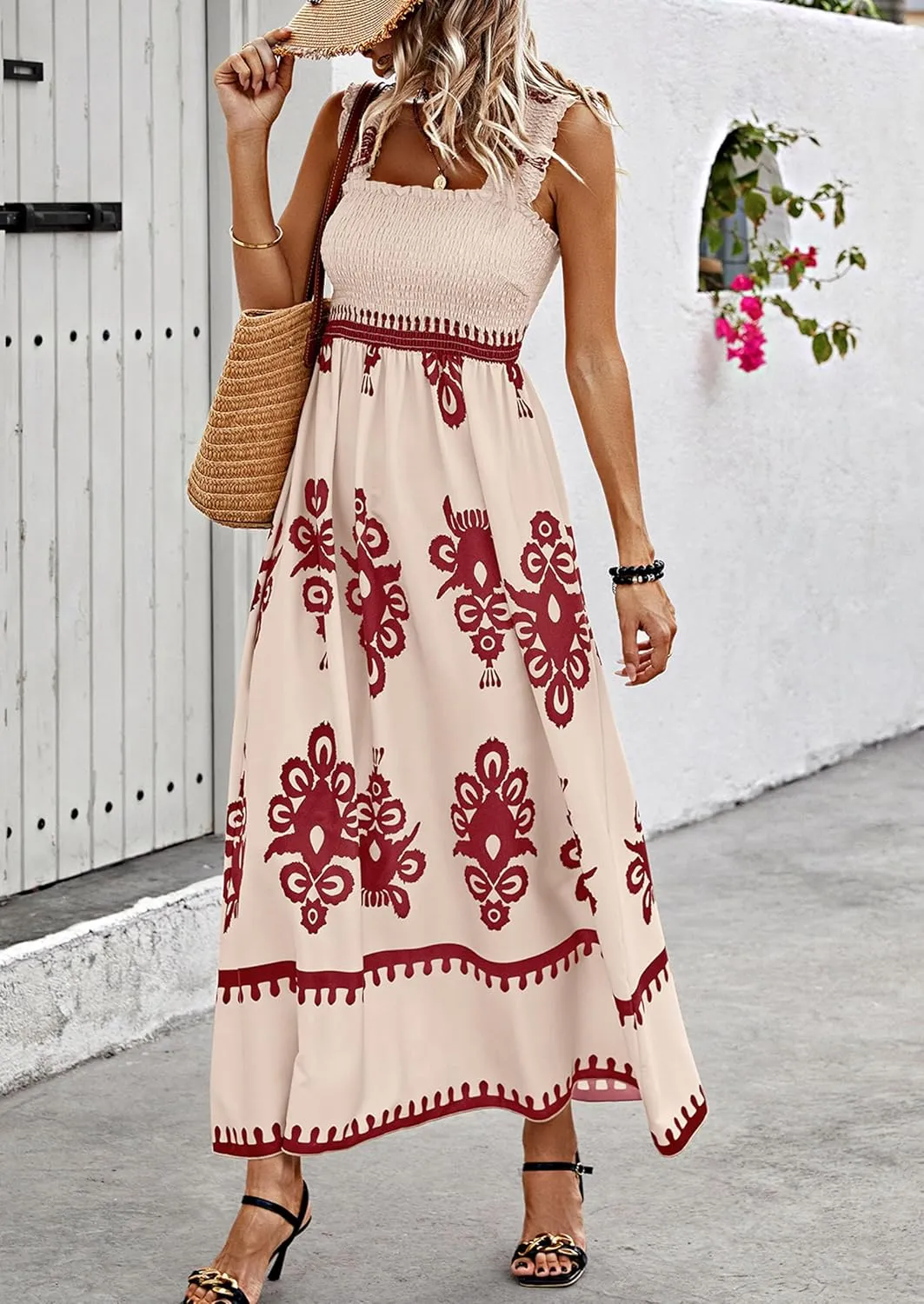 PRETTYGARDEN Womens Summer Boho Maxi Dress 2025 Casual Sleeveless Square Neck Floral Aline Smocked Beach Dresses with Pockets