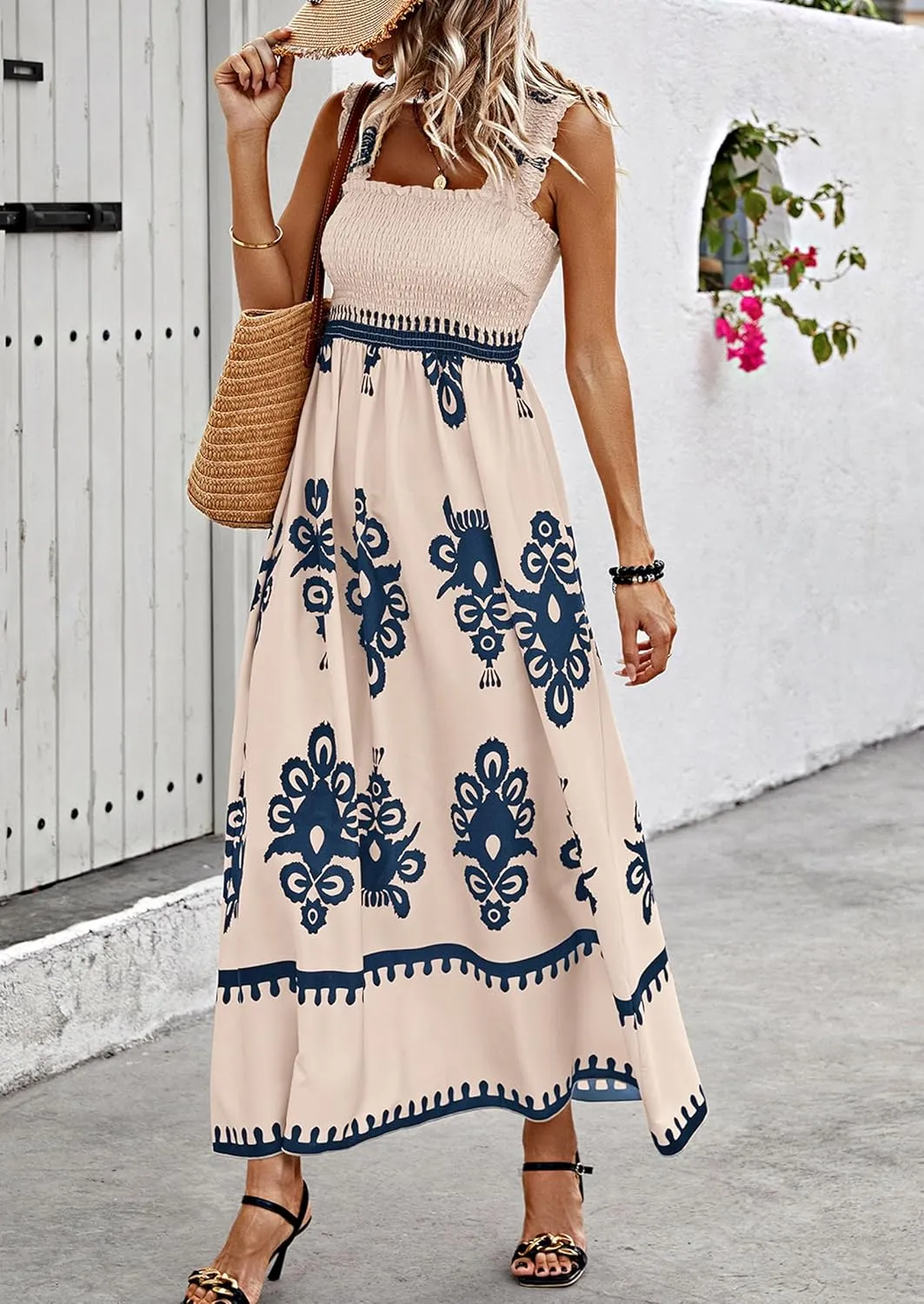 PRETTYGARDEN Womens Summer Boho Maxi Dress 2025 Casual Sleeveless Square Neck Floral Aline Smocked Beach Dresses with Pockets