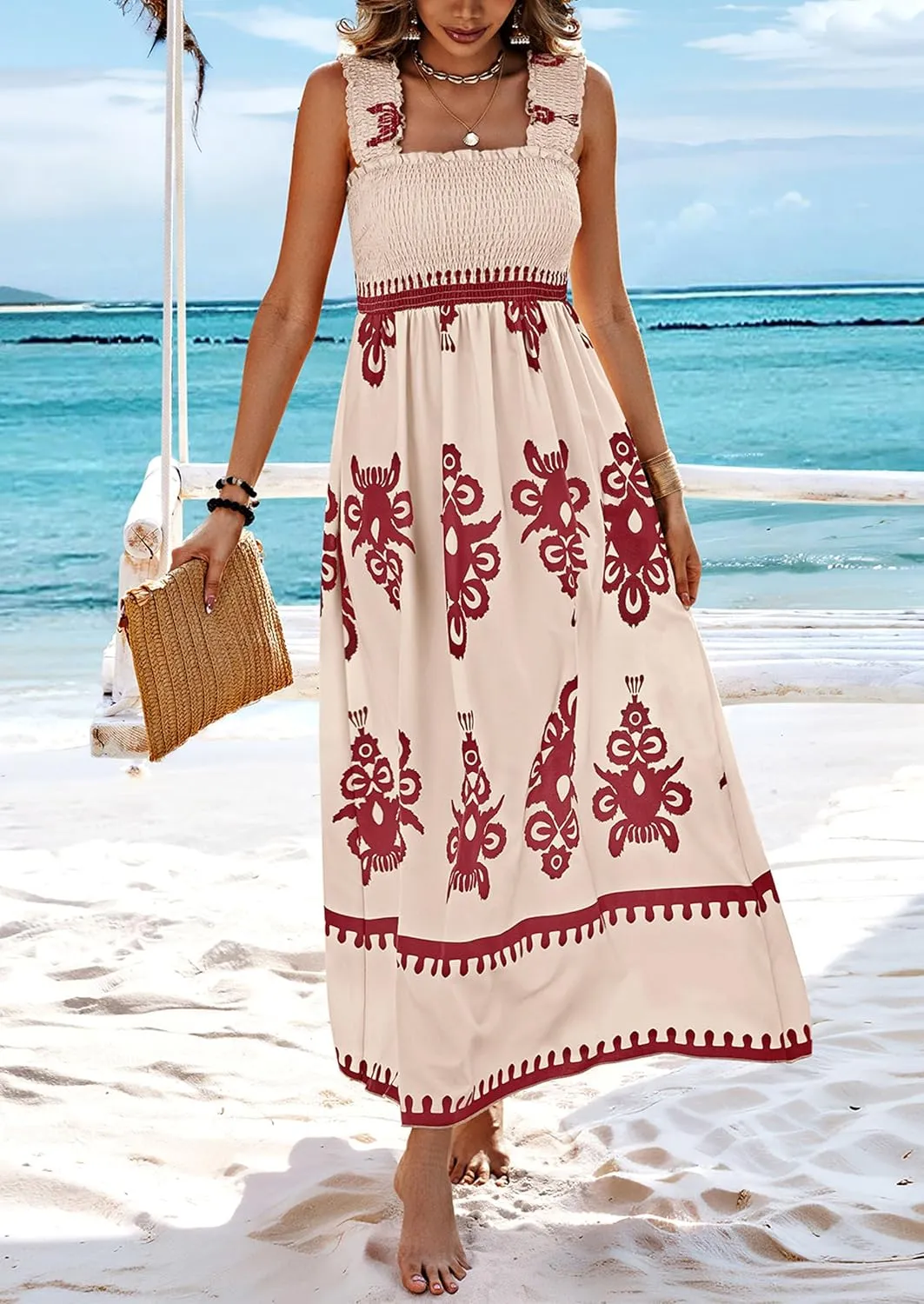 PRETTYGARDEN Womens Summer Boho Maxi Dress 2025 Casual Sleeveless Square Neck Floral Aline Smocked Beach Dresses with Pockets