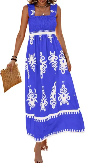 PRETTYGARDEN Womens Summer Boho Maxi Dress 2025 Casual Sleeveless Square Neck Floral Aline Smocked Beach Dresses with Pockets