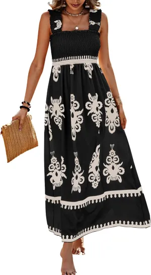 PRETTYGARDEN Womens Summer Boho Maxi Dress 2025 Casual Sleeveless Square Neck Floral Aline Smocked Beach Dresses with Pockets