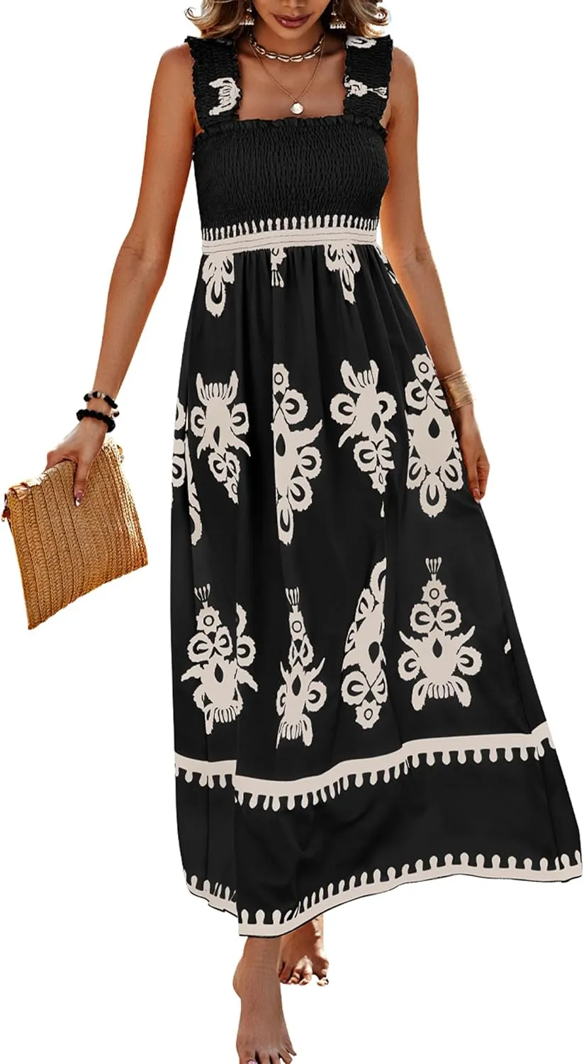 PRETTYGARDEN Womens Summer Boho Maxi Dress 2025 Casual Sleeveless Square Neck Floral Aline Smocked Beach Dresses with Pockets