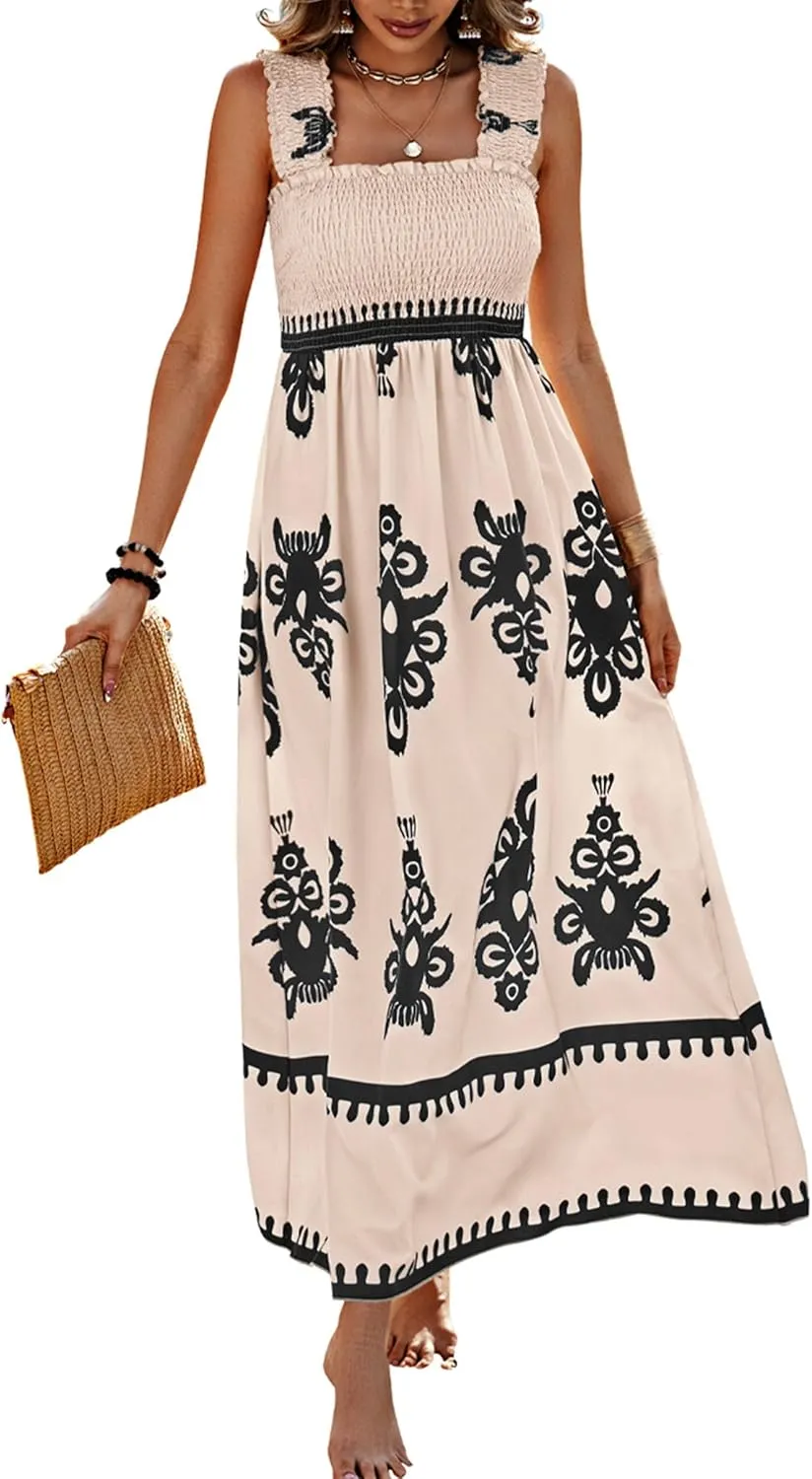 PRETTYGARDEN Womens Summer Boho Maxi Dress 2025 Casual Sleeveless Square Neck Floral Aline Smocked Beach Dresses with Pockets