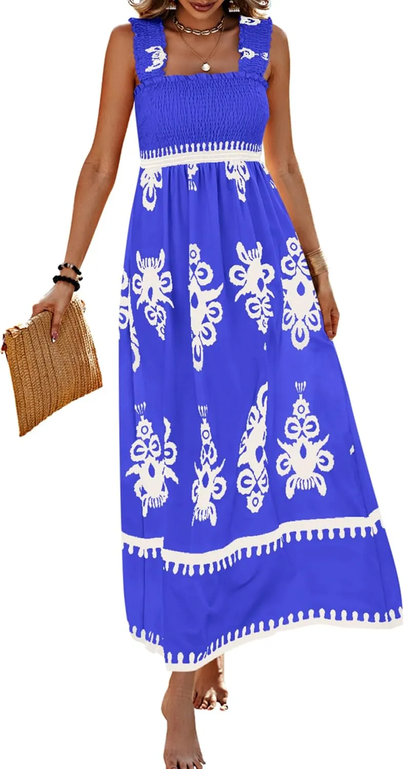 PRETTYGARDEN Womens Summer Boho Maxi Dress 2025 Casual Sleeveless Square Neck Floral Aline Smocked Beach Dresses with Pockets