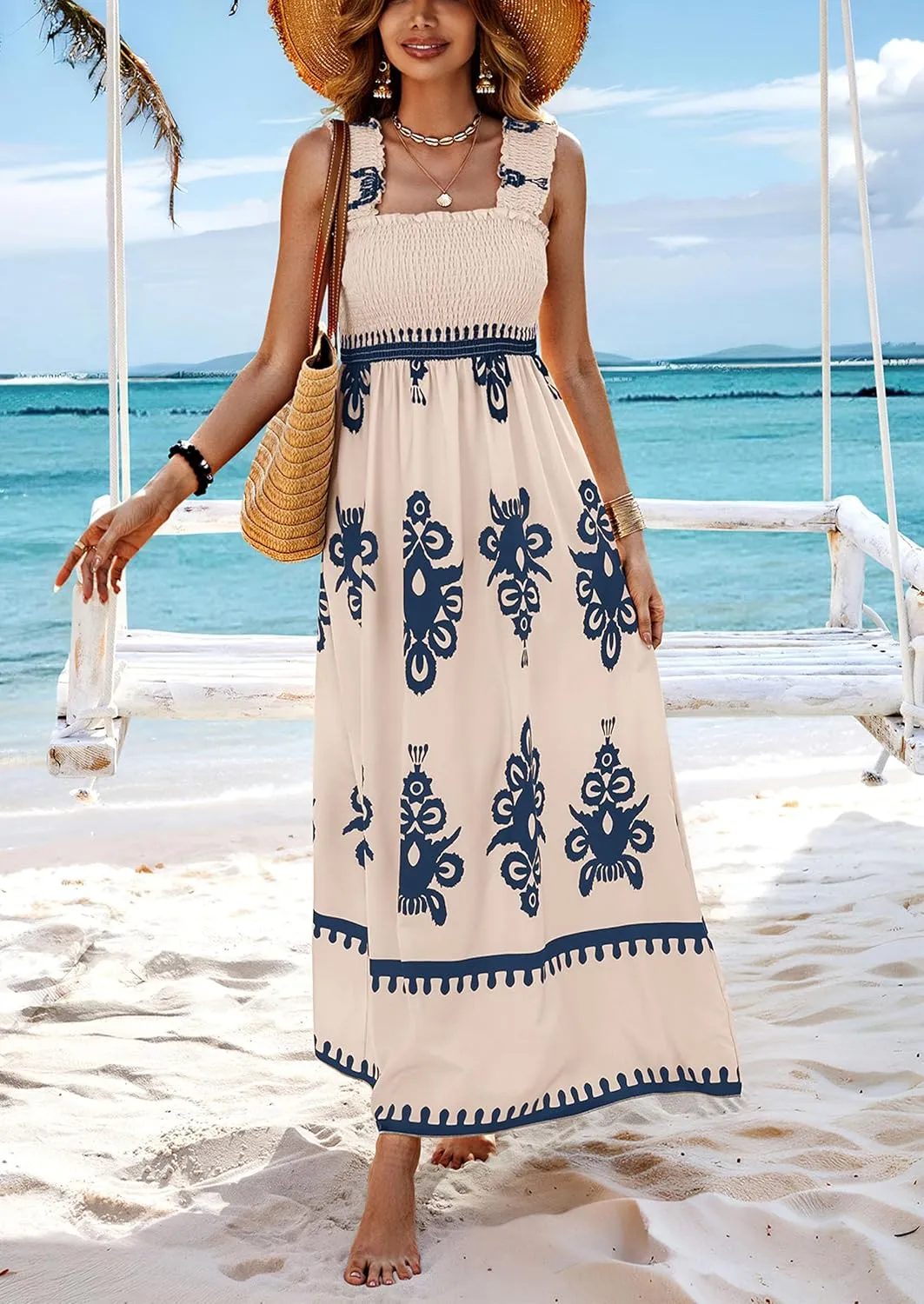 PRETTYGARDEN Womens Summer Boho Maxi Dress 2025 Casual Sleeveless Square Neck Floral Aline Smocked Beach Dresses with Pockets