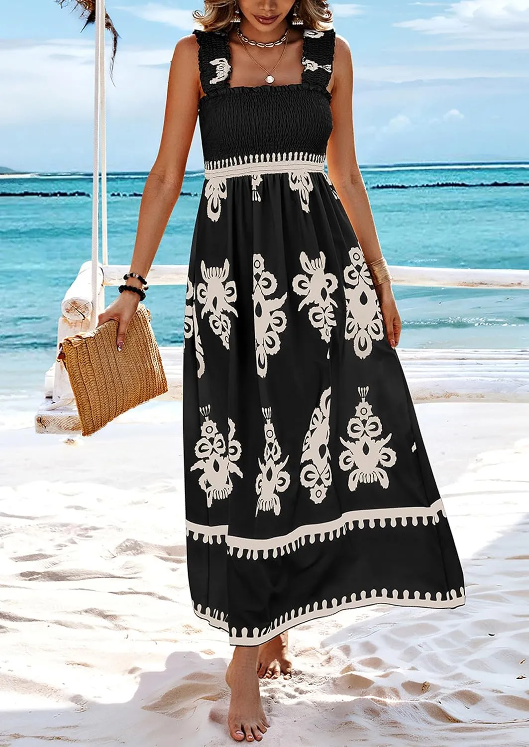 PRETTYGARDEN Womens Summer Boho Maxi Dress 2025 Casual Sleeveless Square Neck Floral Aline Smocked Beach Dresses with Pockets