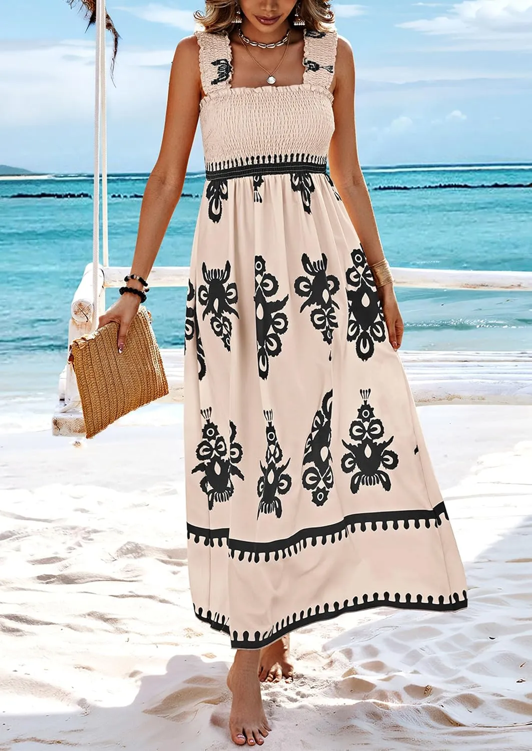 PRETTYGARDEN Womens Summer Boho Maxi Dress 2025 Casual Sleeveless Square Neck Floral Aline Smocked Beach Dresses with Pockets