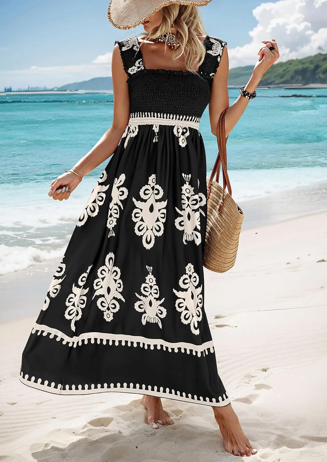 PRETTYGARDEN Womens Summer Boho Maxi Dress 2025 Casual Sleeveless Square Neck Floral Aline Smocked Beach Dresses with Pockets