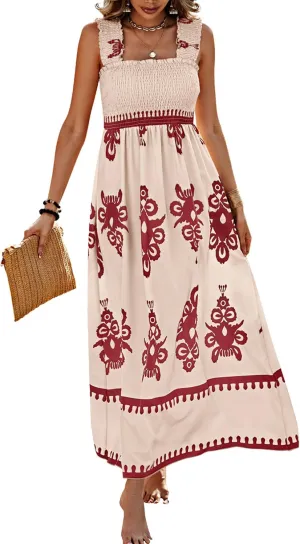 PRETTYGARDEN Womens Summer Boho Maxi Dress 2025 Casual Sleeveless Square Neck Floral Aline Smocked Beach Dresses with Pockets