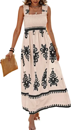PRETTYGARDEN Womens Summer Boho Maxi Dress 2025 Casual Sleeveless Square Neck Floral Aline Smocked Beach Dresses with Pockets