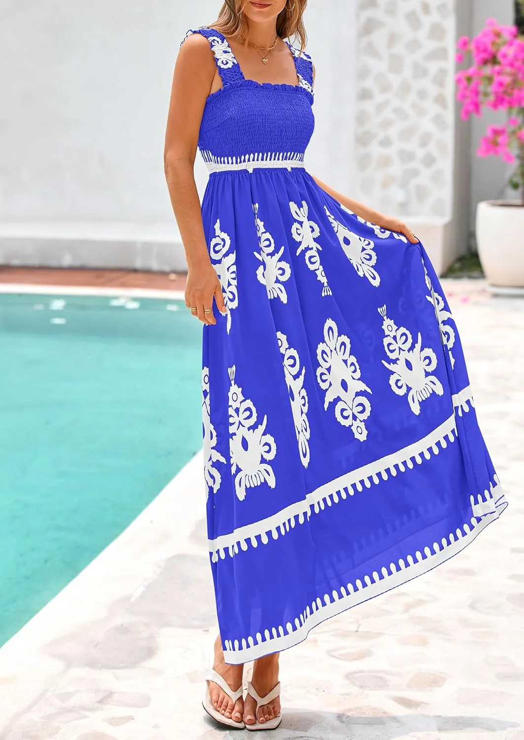 PRETTYGARDEN Womens Summer Boho Maxi Dress 2025 Casual Sleeveless Square Neck Floral Aline Smocked Beach Dresses with Pockets