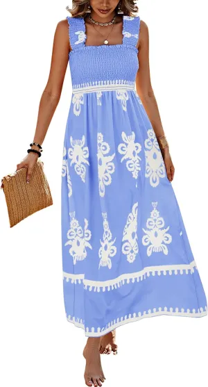PRETTYGARDEN Womens Summer Boho Maxi Dress 2025 Casual Sleeveless Square Neck Floral Aline Smocked Beach Dresses with Pockets