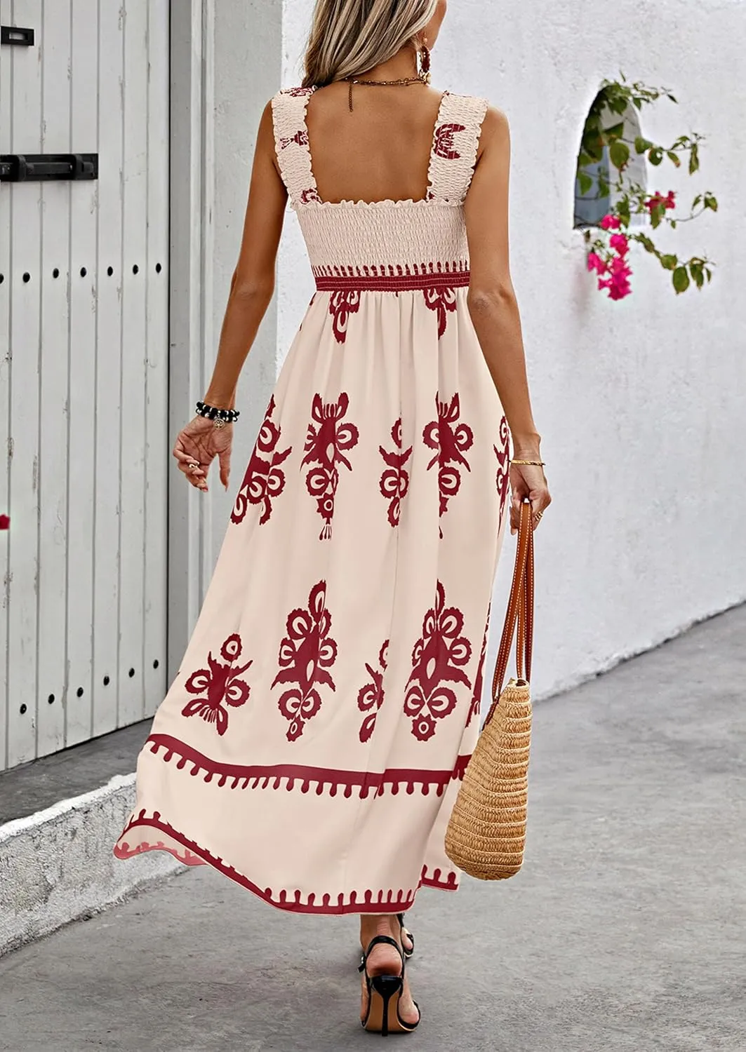 PRETTYGARDEN Womens Summer Boho Maxi Dress 2025 Casual Sleeveless Square Neck Floral Aline Smocked Beach Dresses with Pockets
