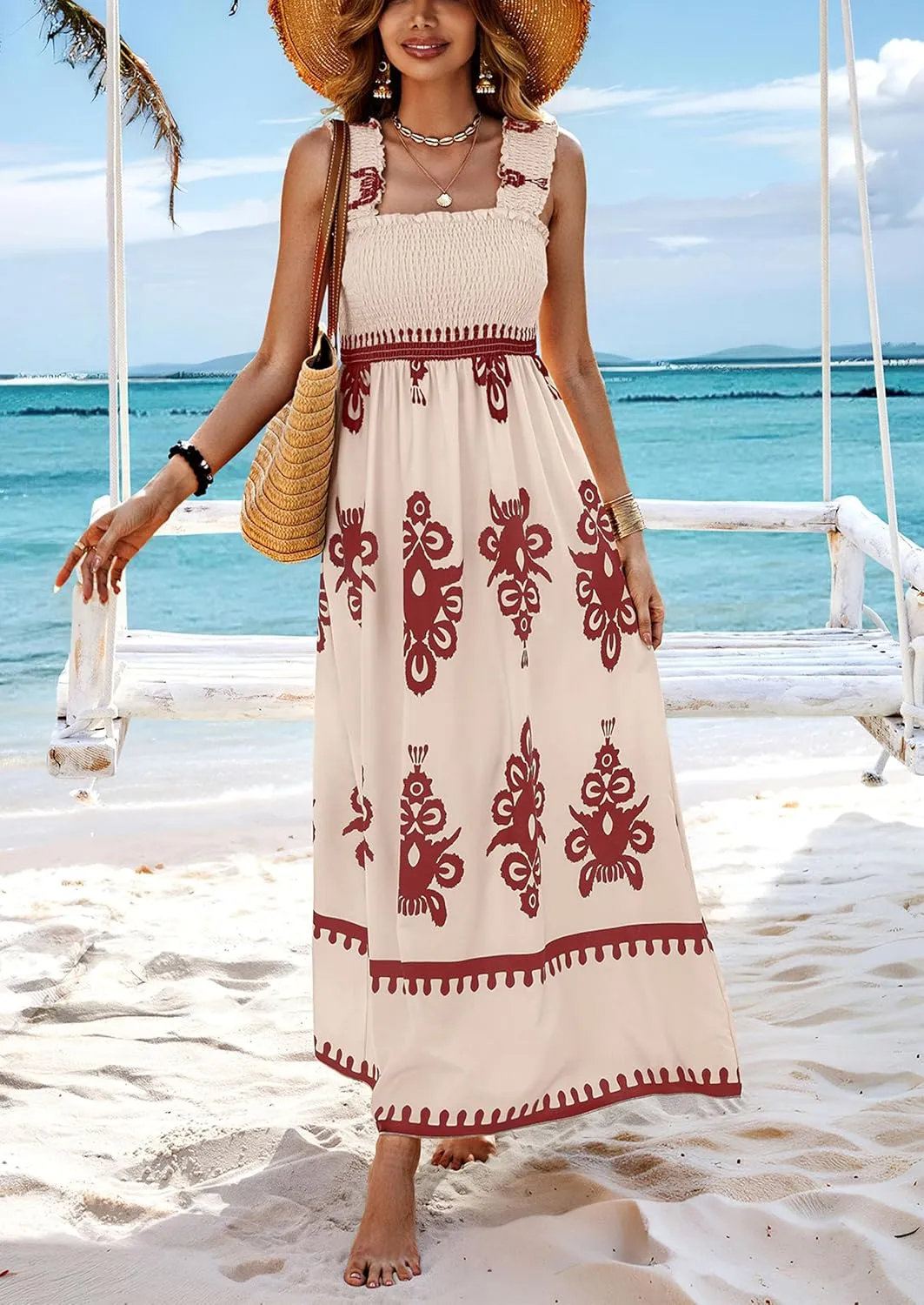 PRETTYGARDEN Womens Summer Boho Maxi Dress 2025 Casual Sleeveless Square Neck Floral Aline Smocked Beach Dresses with Pockets