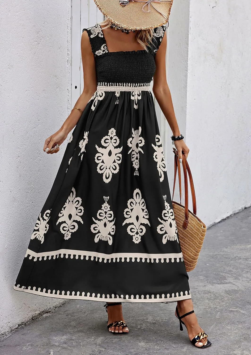 PRETTYGARDEN Womens Summer Boho Maxi Dress 2025 Casual Sleeveless Square Neck Floral Aline Smocked Beach Dresses with Pockets