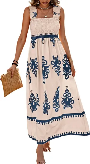 PRETTYGARDEN Womens Summer Boho Maxi Dress 2025 Casual Sleeveless Square Neck Floral Aline Smocked Beach Dresses with Pockets