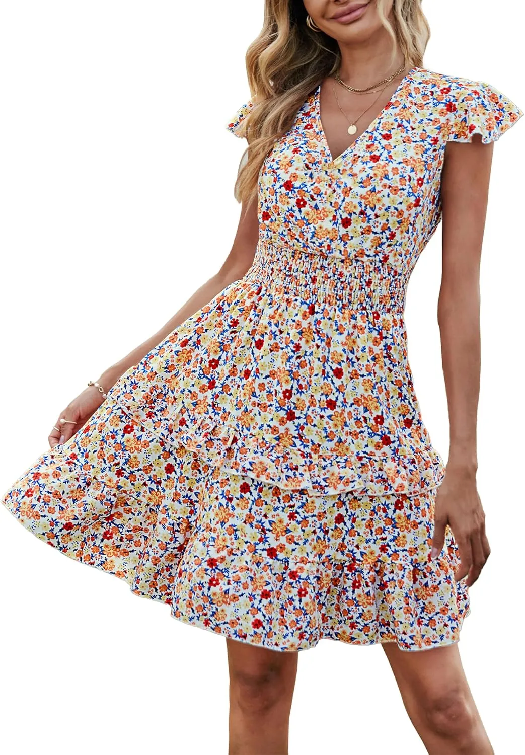 PRETTYGARDEN Womens Summer Mini Dresses Boho Floral Ruffle Cap Sleeve Tiered Dress Smocked Waist A Line Beach Short Sundress