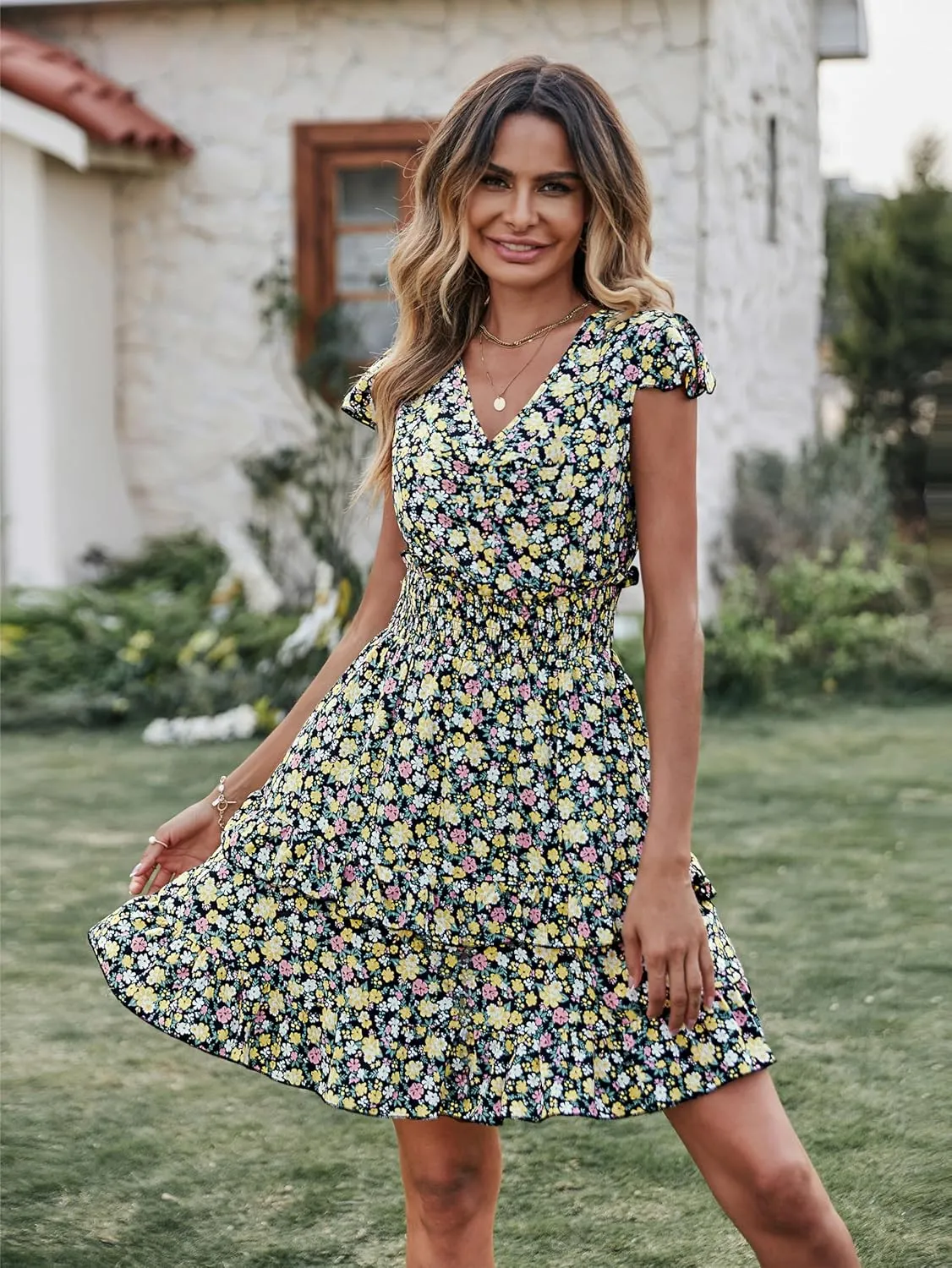 PRETTYGARDEN Womens Summer Mini Dresses Boho Floral Ruffle Cap Sleeve Tiered Dress Smocked Waist A Line Beach Short Sundress
