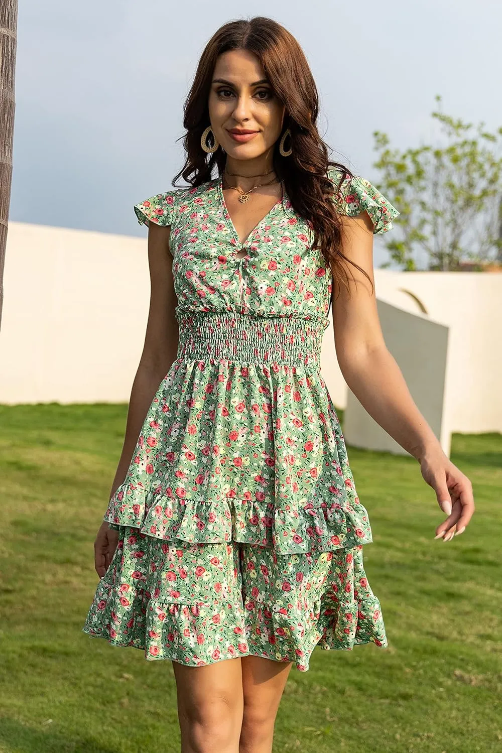 PRETTYGARDEN Womens Summer Mini Dresses Boho Floral Ruffle Cap Sleeve Tiered Dress Smocked Waist A Line Beach Short Sundress
