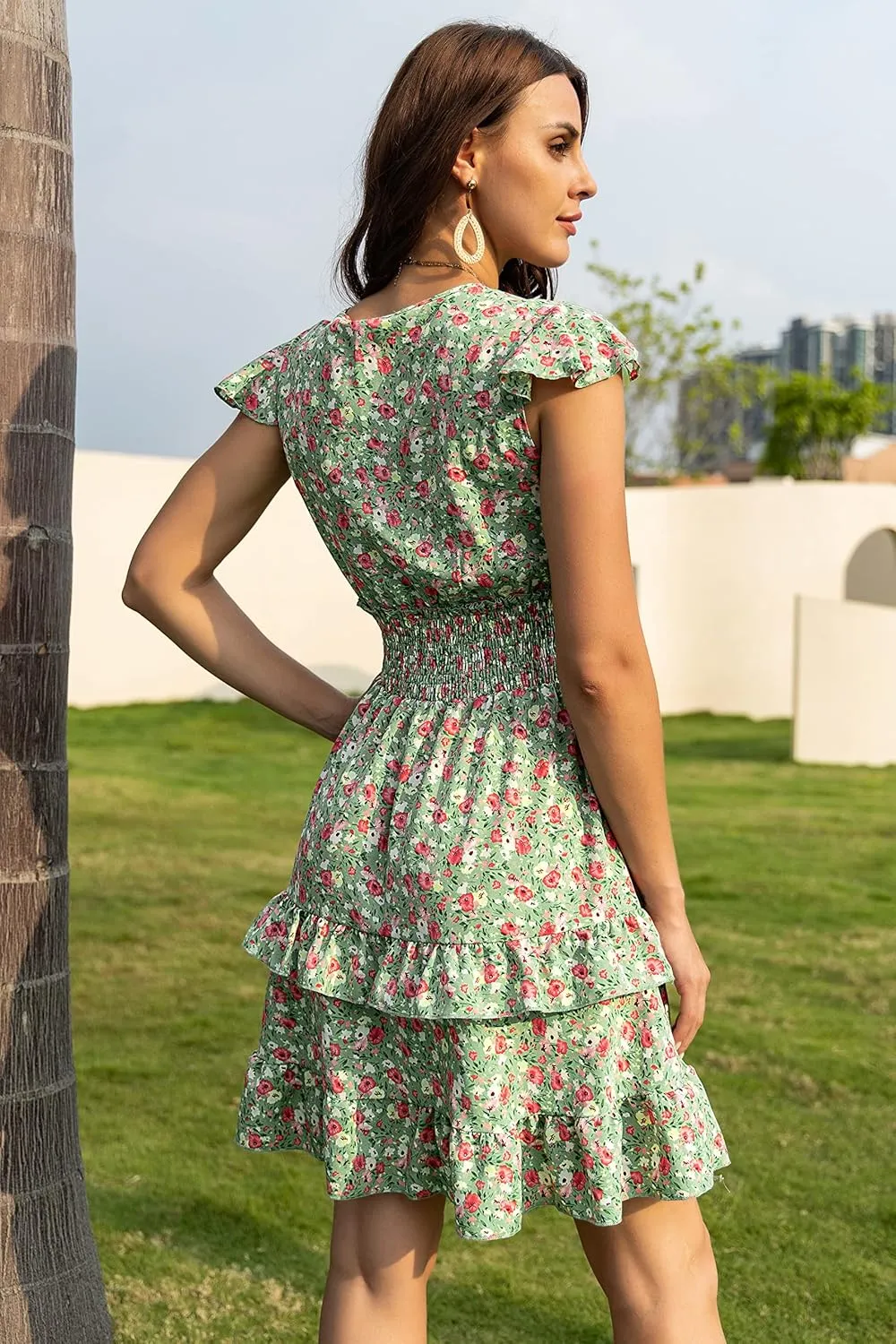 PRETTYGARDEN Womens Summer Mini Dresses Boho Floral Ruffle Cap Sleeve Tiered Dress Smocked Waist A Line Beach Short Sundress
