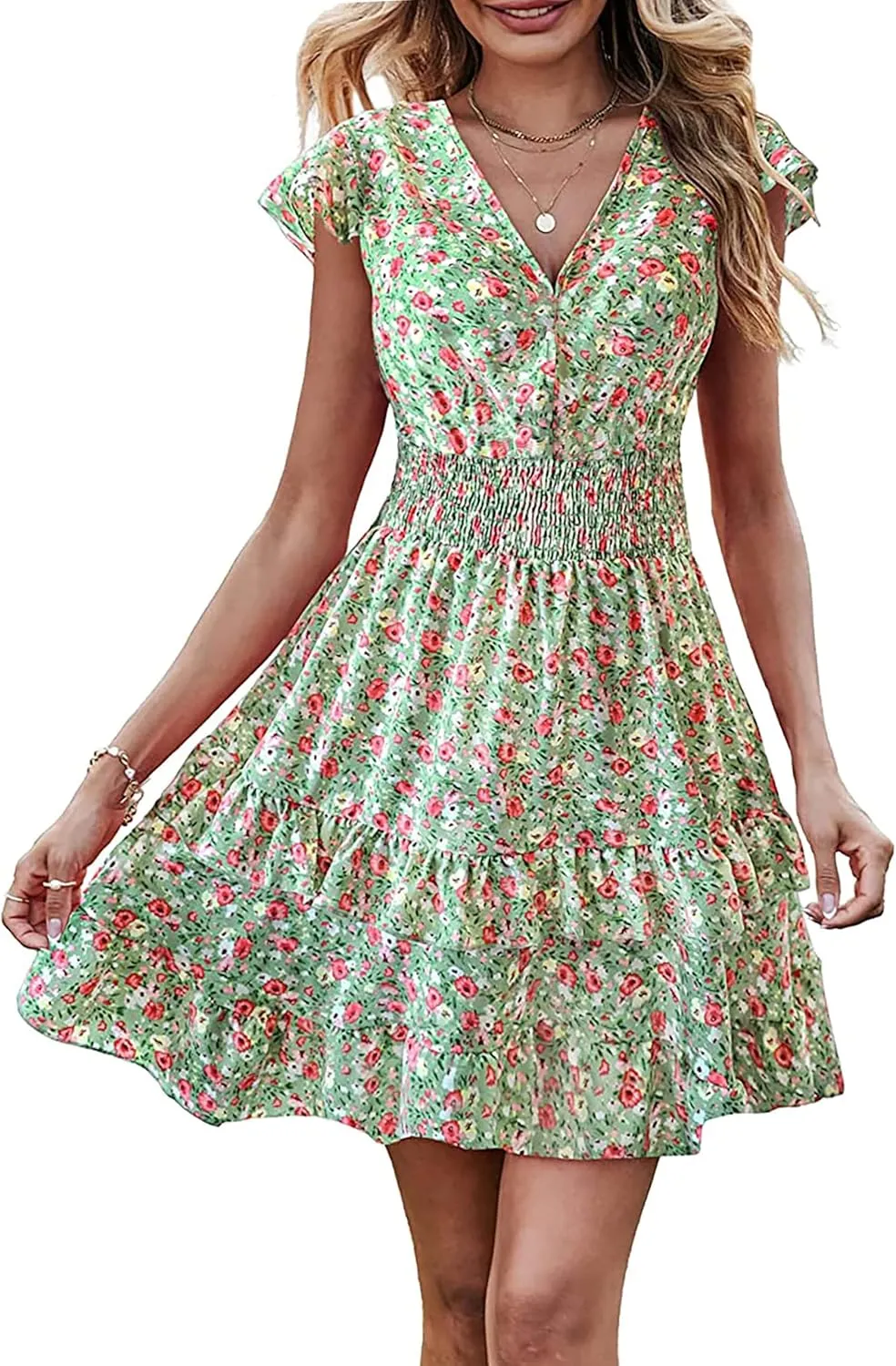 PRETTYGARDEN Womens Summer Mini Dresses Boho Floral Ruffle Cap Sleeve Tiered Dress Smocked Waist A Line Beach Short Sundress
