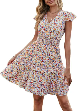 PRETTYGARDEN Womens Summer Mini Dresses Boho Floral Ruffle Cap Sleeve Tiered Dress Smocked Waist A Line Beach Short Sundress