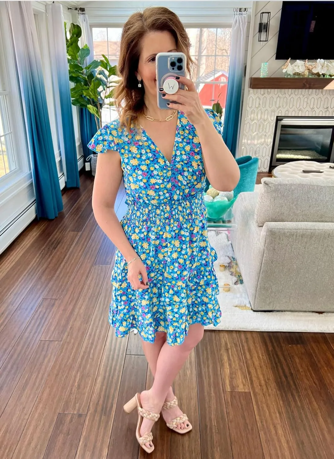 PRETTYGARDEN Womens Summer Mini Dresses Boho Floral Ruffle Cap Sleeve Tiered Dress Smocked Waist A Line Beach Short Sundress