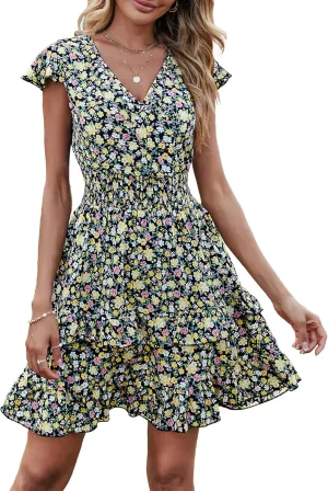 PRETTYGARDEN Womens Summer Mini Dresses Boho Floral Ruffle Cap Sleeve Tiered Dress Smocked Waist A Line Beach Short Sundress