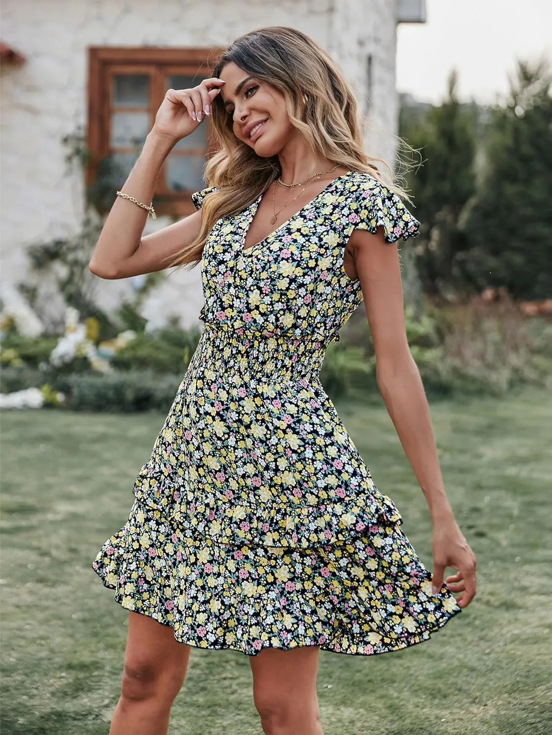 PRETTYGARDEN Womens Summer Mini Dresses Boho Floral Ruffle Cap Sleeve Tiered Dress Smocked Waist A Line Beach Short Sundress